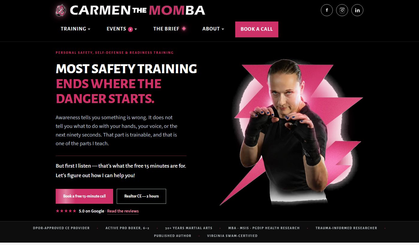 The Carmen the Momba home page: a full-width hero, credential band and four audience cards